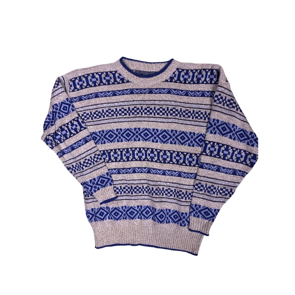 Vintage Y2K Blue Grey Cotton Sweater Womens M Heavy Warm Knit Retro
